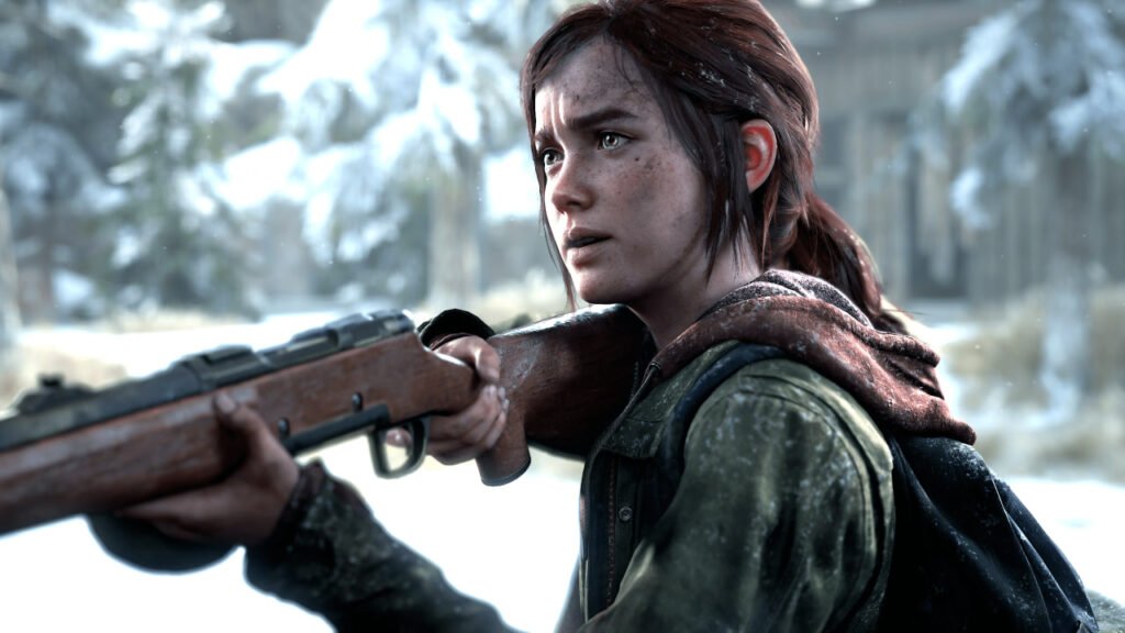 Элли из The Last of Us целится винтовкой на улице