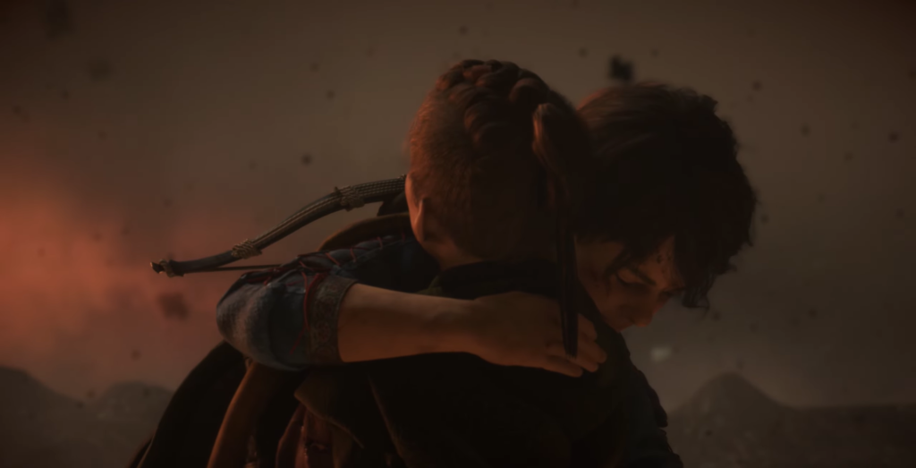 Две девушки обнимаются на фоне пыльного неба