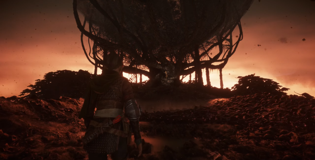 Персонаж стоит перед гигантским деревом на закате