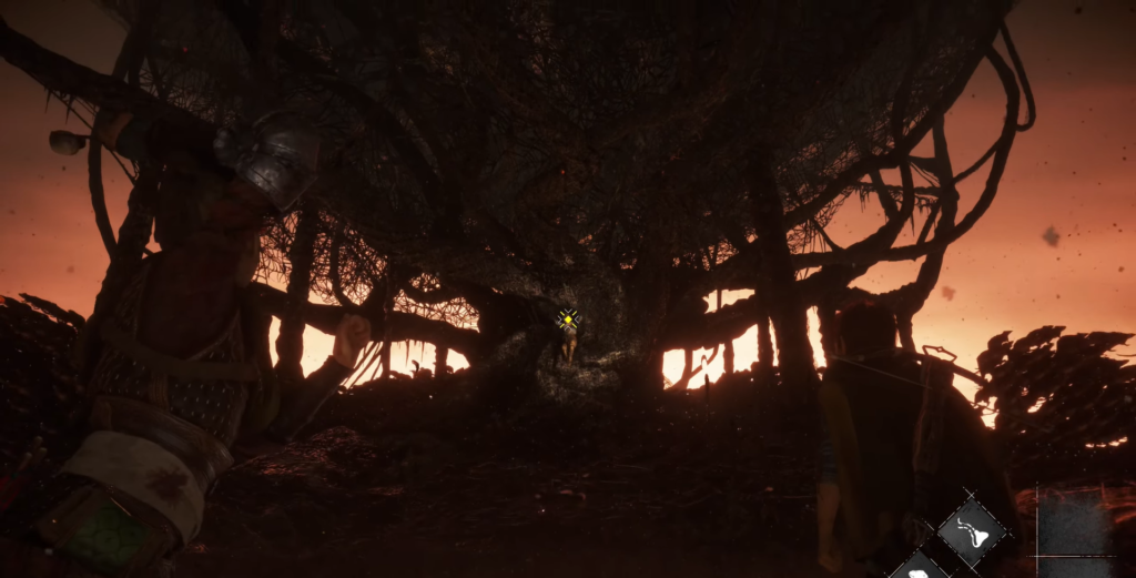 Персонажи целятся в монстра у дерева на закате