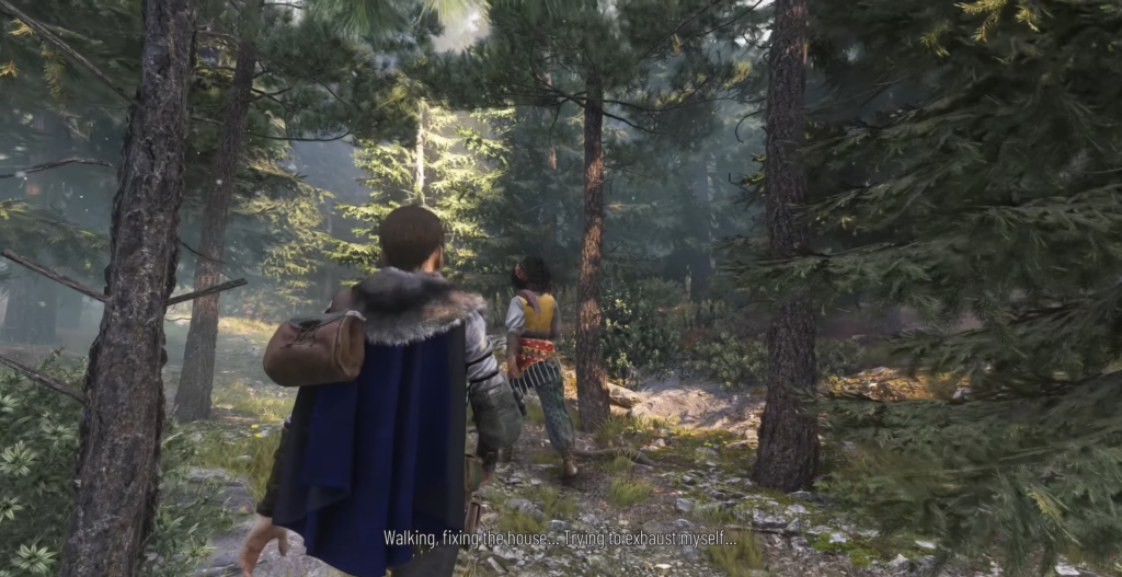 Два персонажа идут по лесной тропе в игре