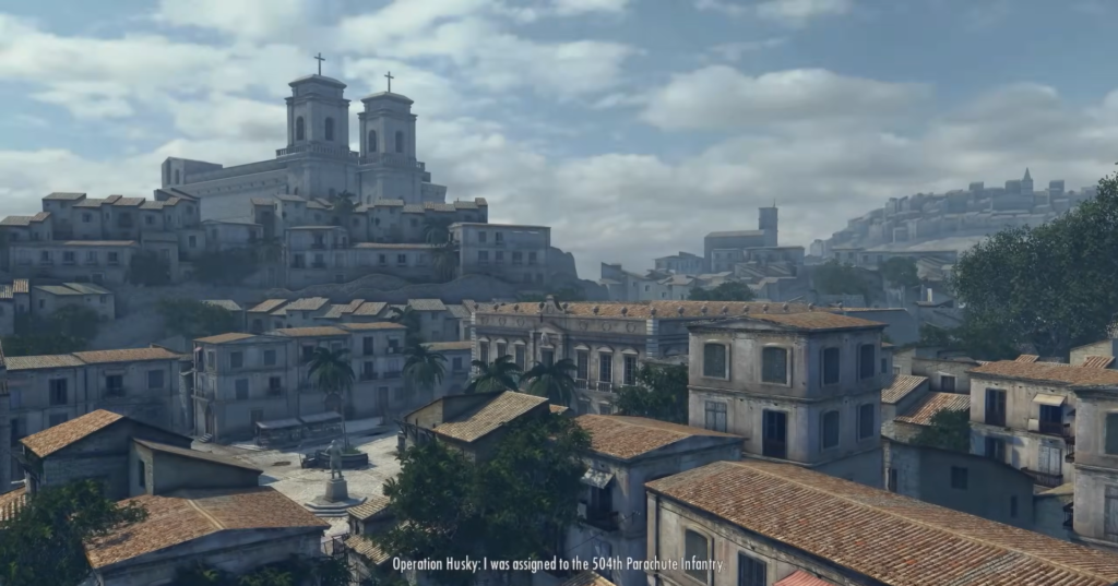 Город с церковью на холме под облачным небом