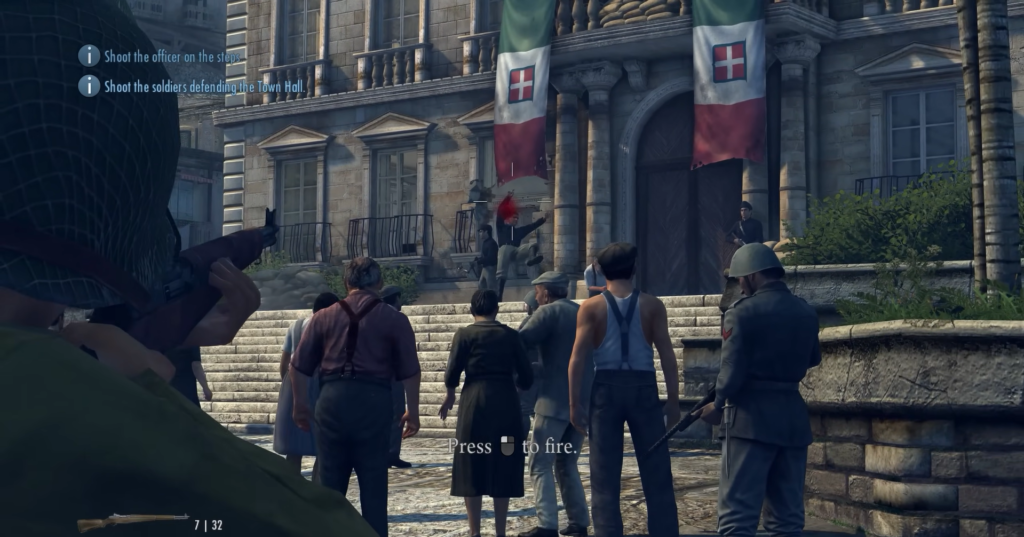 Игрок целится из винтовки в солдата у ратуши