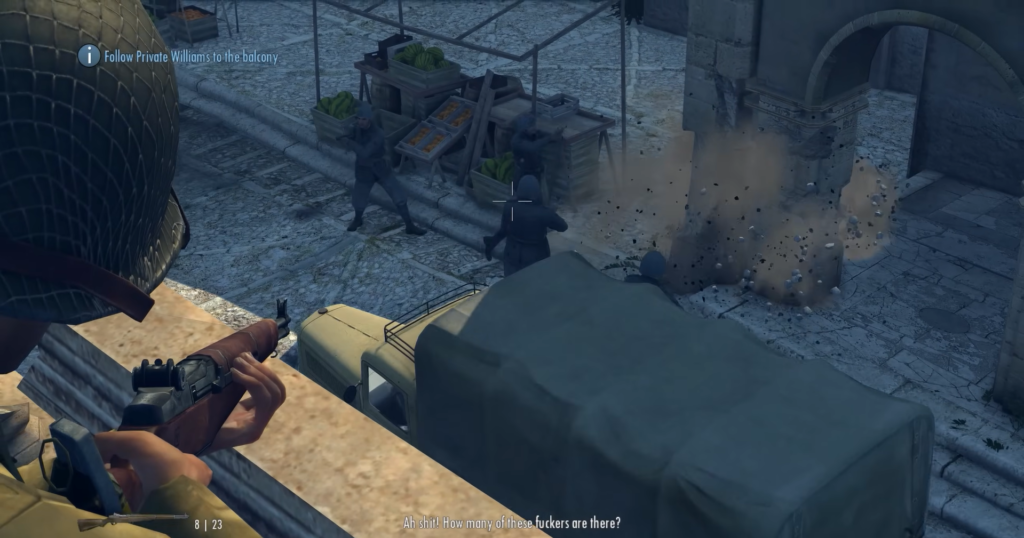 Снайпер стреляет по солдатам на городской улице