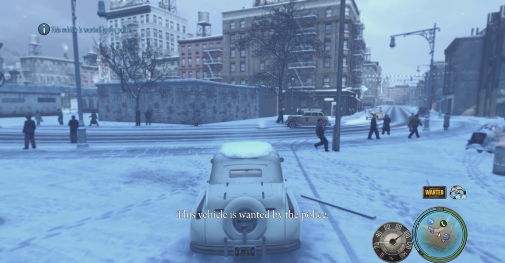 Автомобиль едет по заснеженной улице в Mafia II