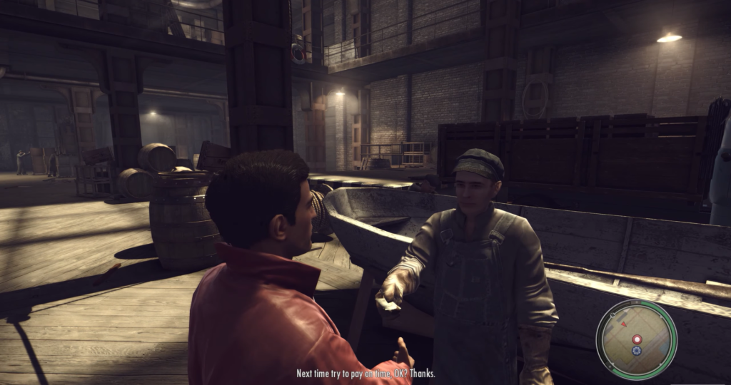 Вито Скалетта разговаривает с рабочим на складе Mafia II