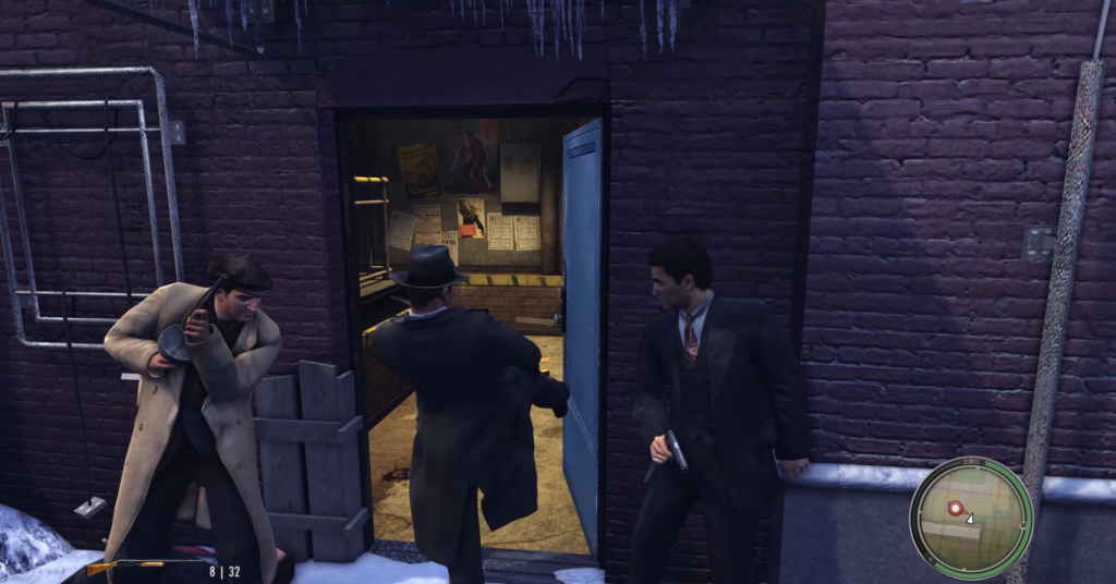 Персонажи Mafia II с оружием у двери здания