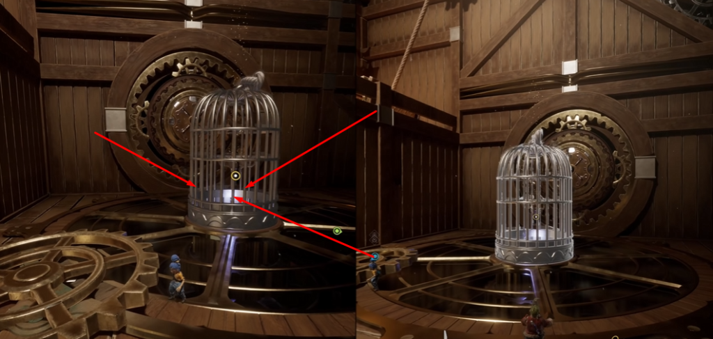 Клетка поднимается в деревянной мастерской с шестернями