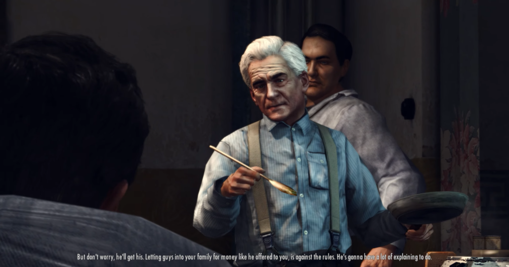Лео Галанте из Mafia II держит ложку в комнате