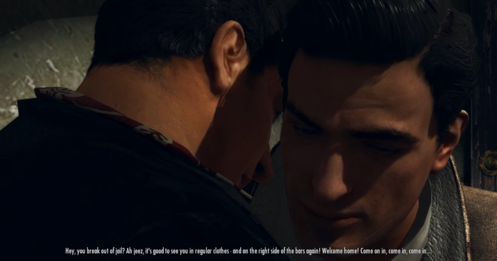 Два мужчины разговаривают в тёмном помещении под дождём