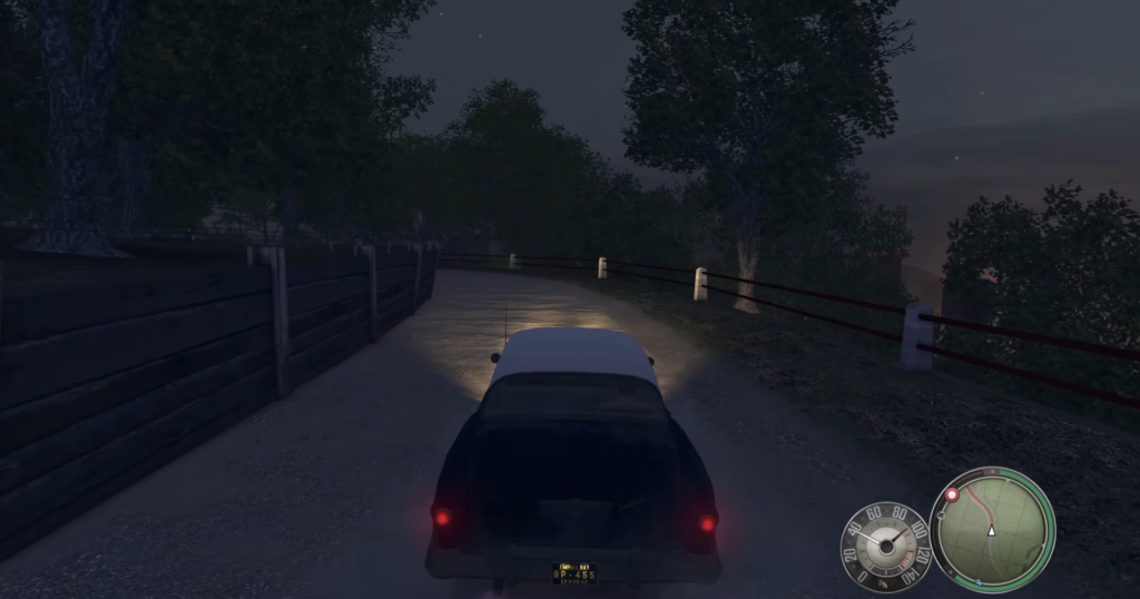 Автомобиль едет ночью по лесной дороге в Mafia II
