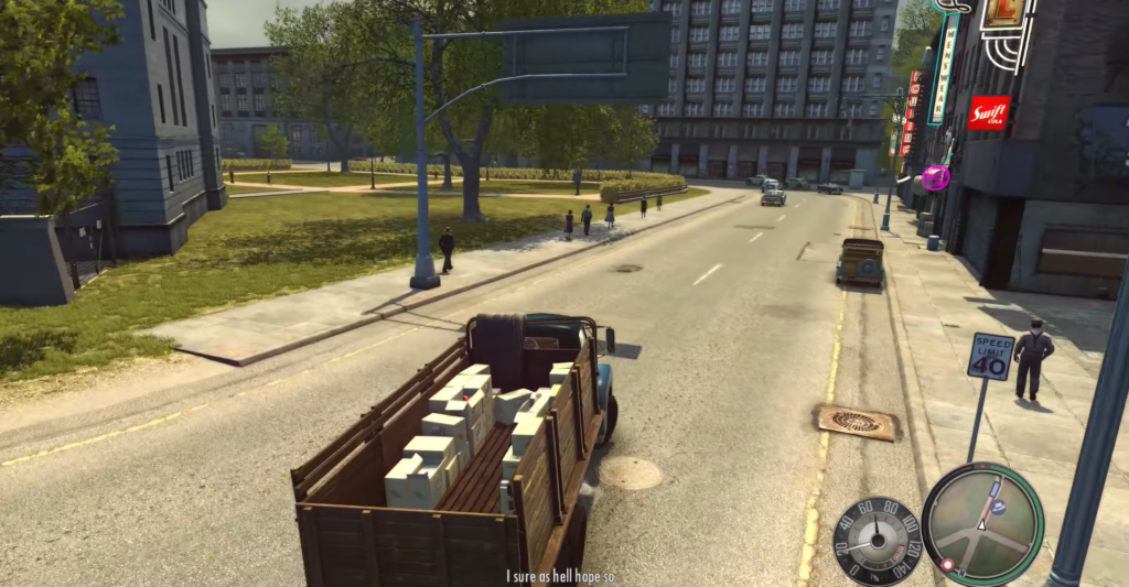 Грузовик везет ящики по улице в Mafia II