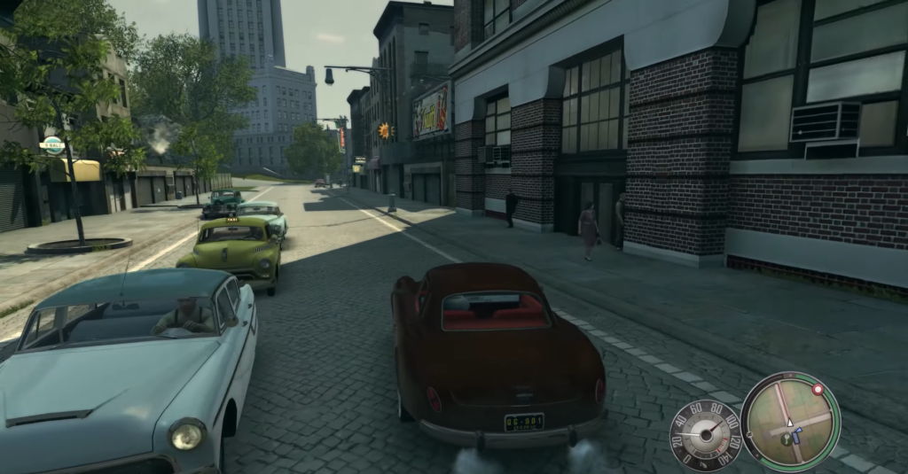 Машина едет по городской улице в Mafia II