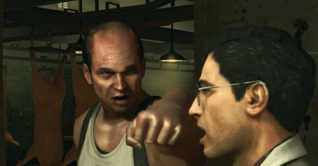 Тревор Филипс бьёт мужчину в мясном цехе GTA V