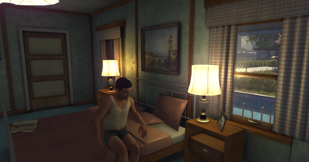 Мужчина сидит на кровати в спальне у окна