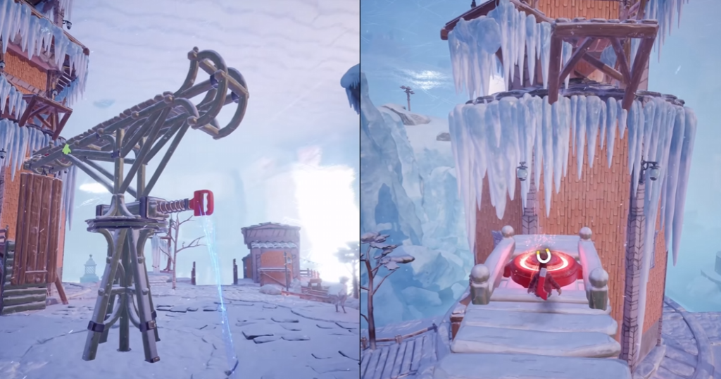 Персонаж в красном нажимает кнопку у башни во льду