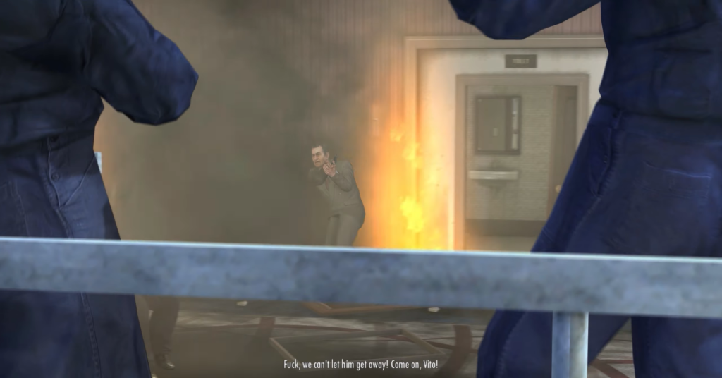 Вито Скалетта стреляет в коридоре, рядом огонь