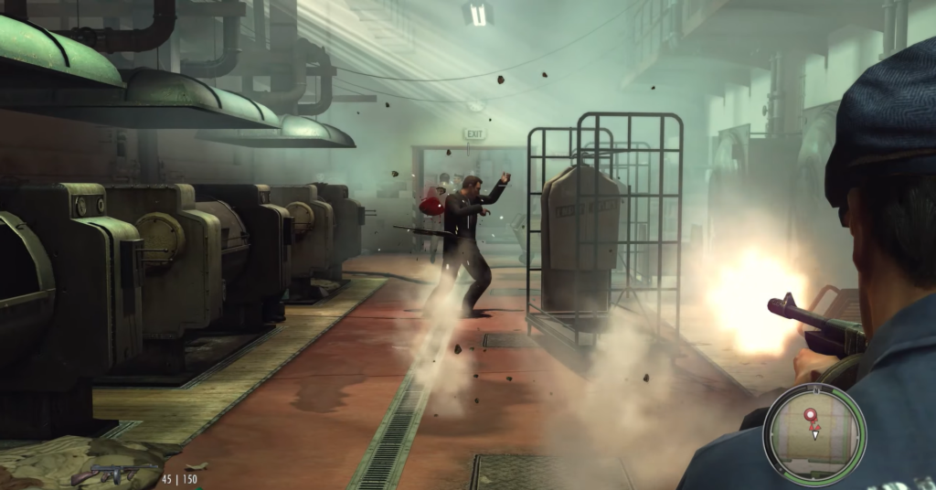 Персонаж стреляет из пистолета в цеху завода