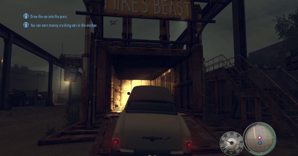 Автомобиль въезжает в пресс на свалке Mafia II