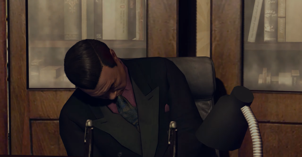 Мужчина в костюме опускает голову в кабинете