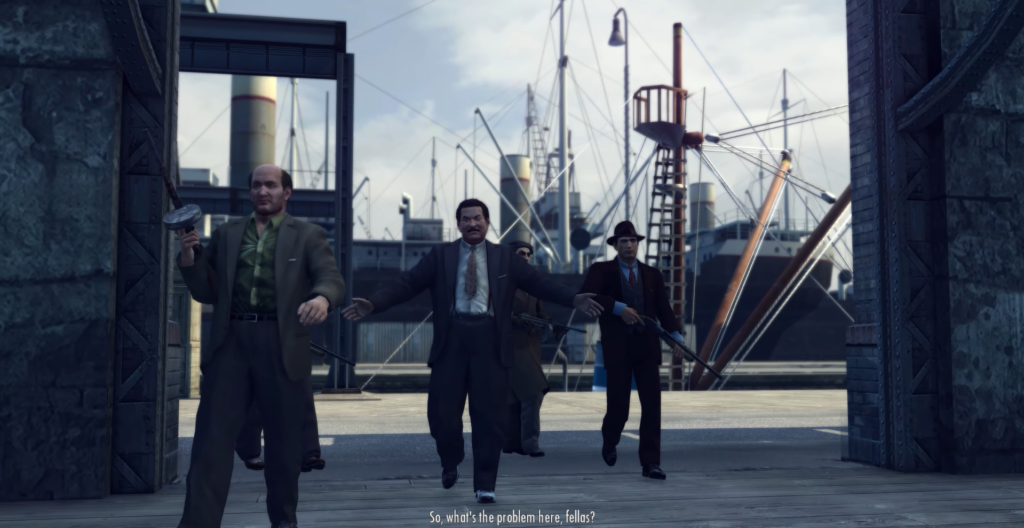 Гангстеры бегут с оружием в порту Mafia II