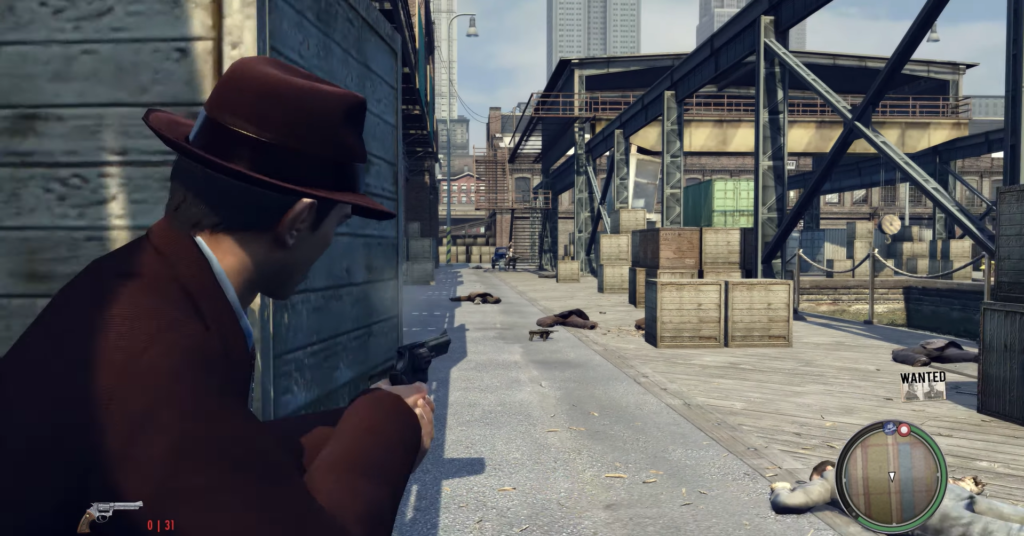 Персонаж Mafia II целится с пистолетом на причале