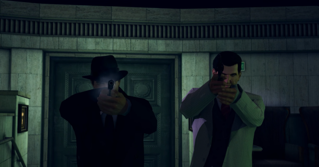 Двое мужчин целятся из пистолетов в помещении