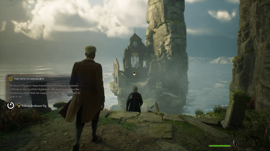 Персонаж идёт к руинам на скале, Hogwarts Legacy