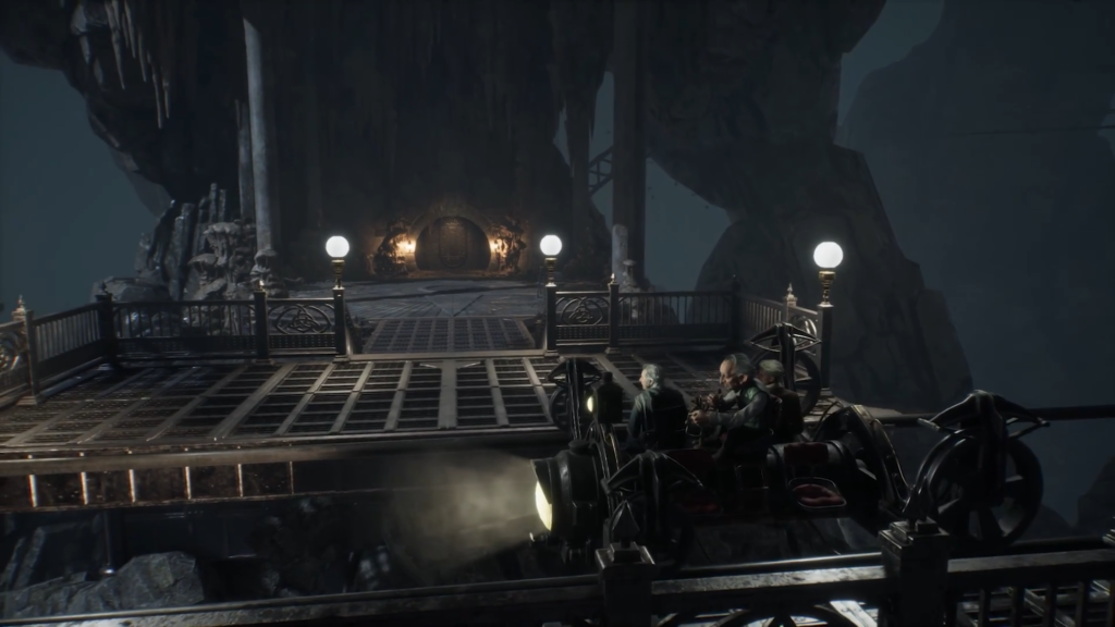 Персонажи едут на вагонетке к пещерной двери