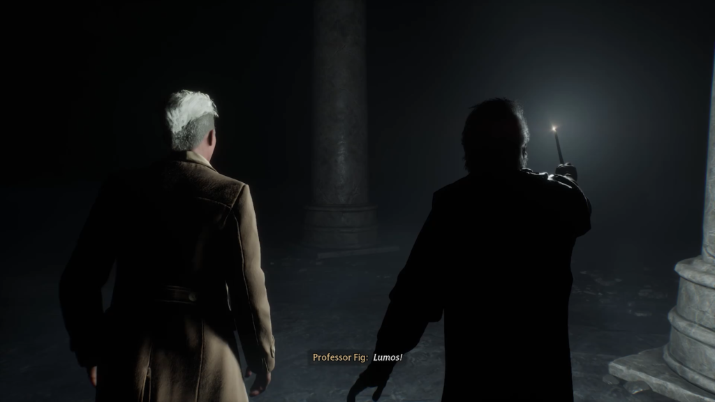 Профессор Фиг произносит Люмос в темном подземелье Hogwarts Legacy
