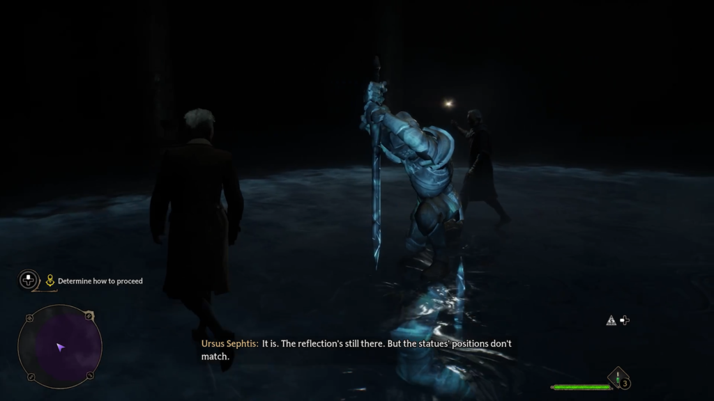 Персонажи Hogwarts Legacy осматривают статую с мечом в воде