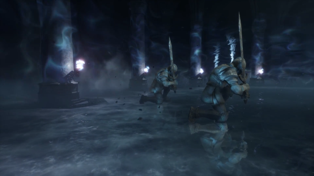 Рыцари в доспехах бегут по воде в тумане