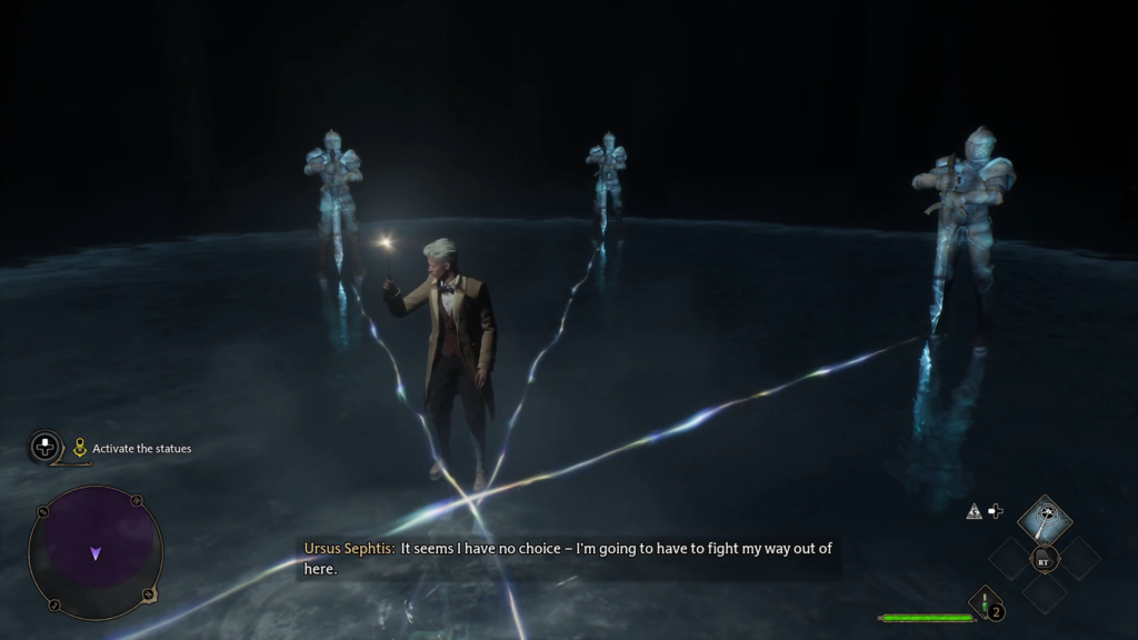 Урсус Септис держит палочку среди статуй рыцарей Hogwarts Legacy