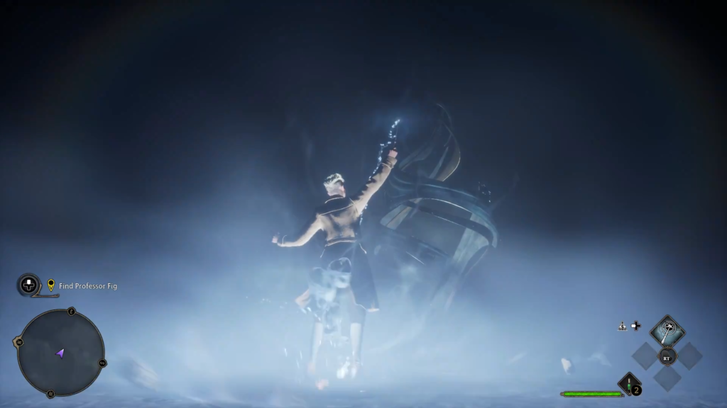 Волшебник поднимает палочку в тумане Hogwarts Legacy