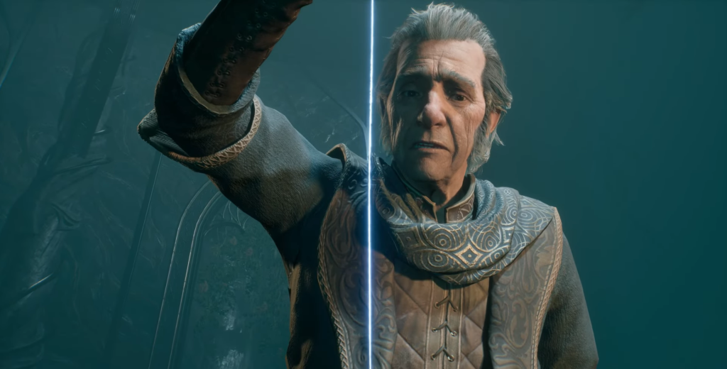 Мужчина поднимает руку в тёмном помещении