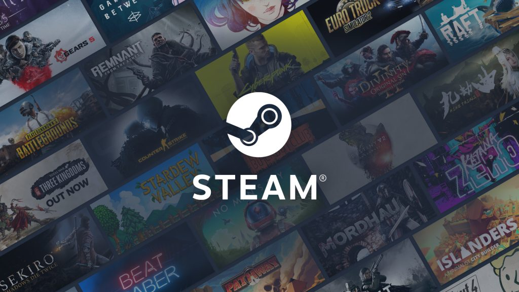 Логотип Steam на фоне обложек видеоигр
