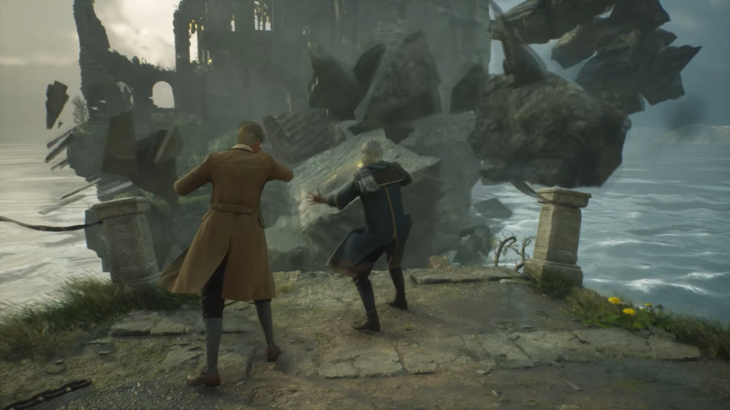 Женщина бьёт мечом врага на скале ночью