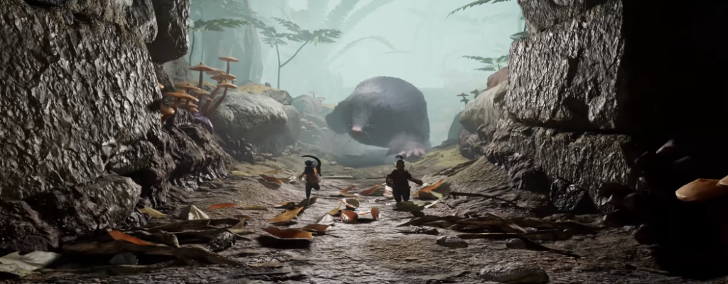 Два персонажа бегут по ущелью от крысы