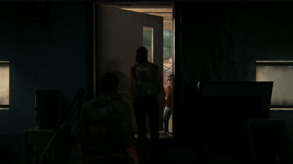 Джоэл и Элли выходят через дверь в доме