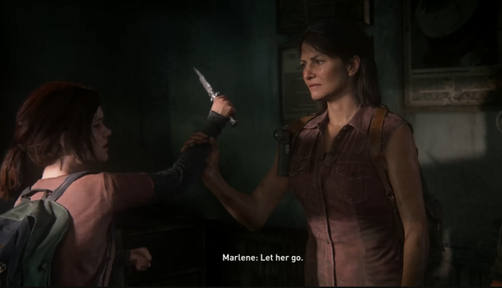 Элли держит нож, Марлин останавливает в помещении The Last of Us