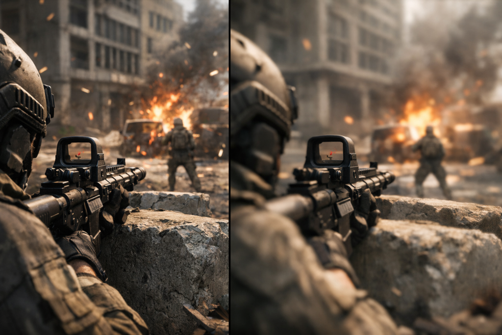 Солдат целится из винтовки на улице с взрывом