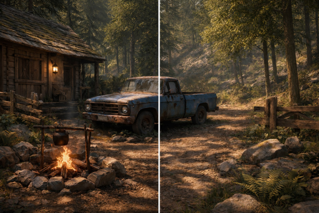 Синий пикап стоит у лесной хижины