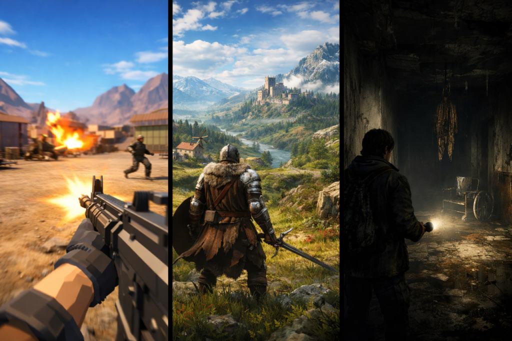 Три игровые сцены: стрельба, рыцарь, мужчина с фонариком