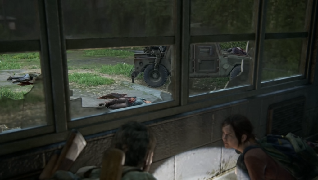 Элли и Джоэл прячутся у окна, The Last of Us