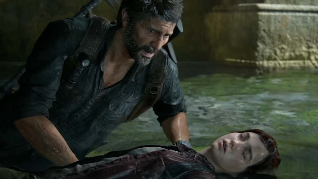 Джоэл держит Элли в воде, The Last of Us