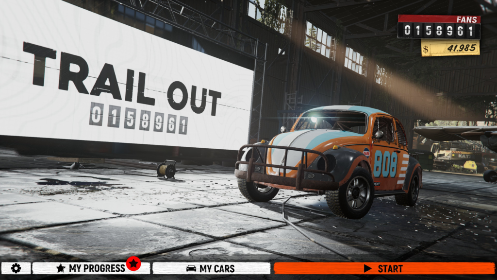 Гоночный автомобиль стоит в ангаре, меню Trail Out