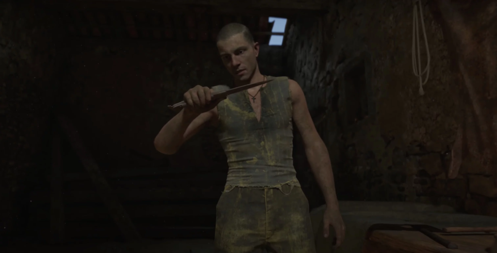 Мужчина держит нож в темной комнате