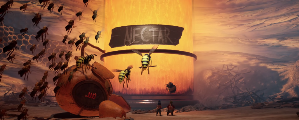 Пчёлы летят к бочке нектара в пустыне