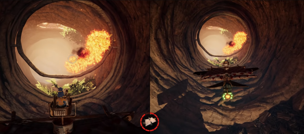 Самолёт летит в туннеле к огню