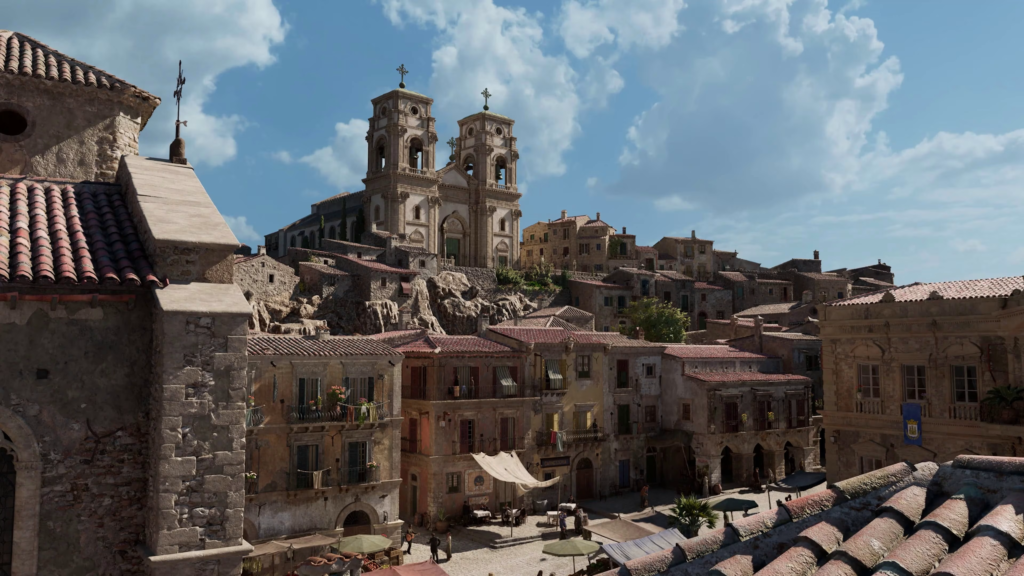 Каменная церковь возвышается над городом под голубым небом